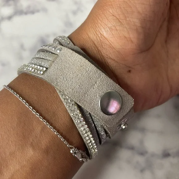 Grey Rhinestone & Rivet Faux Suede Wrap Bracelet - Picture 6 of 8